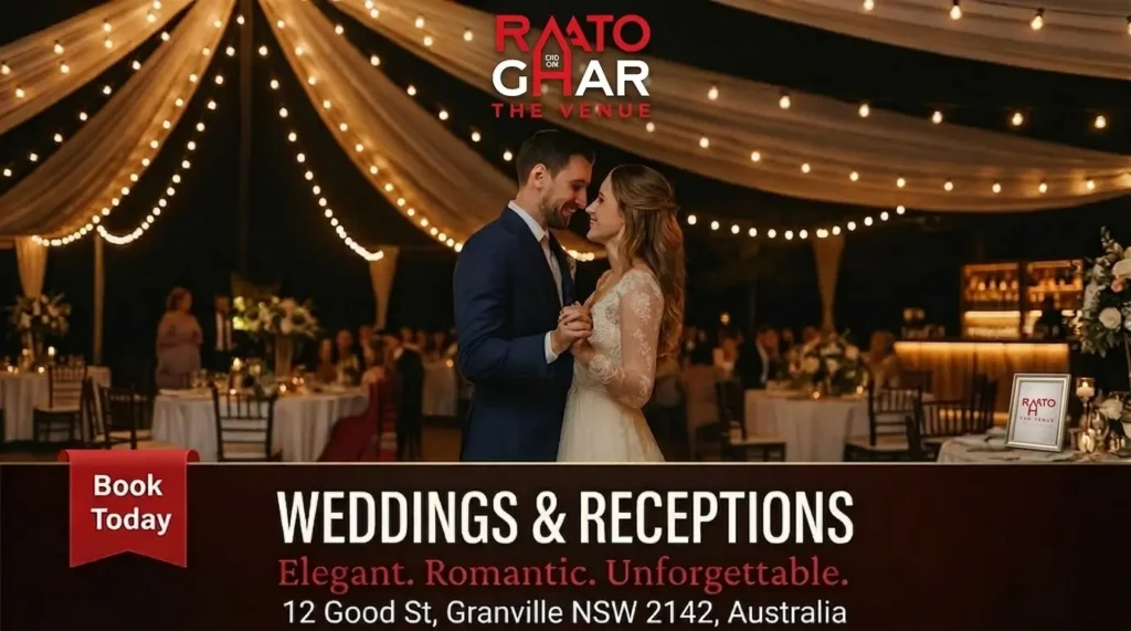 Raato Ghar function hall set up for a wedding reception in Granville, Western Sydney